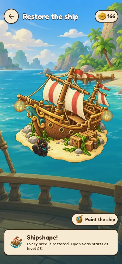 The restored ship on its island, seen from the deck.