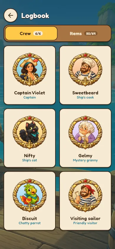 The logbook listing the crew: Captain Violet, Sweetbeard, Nifty, Gelmy and Biscuit.