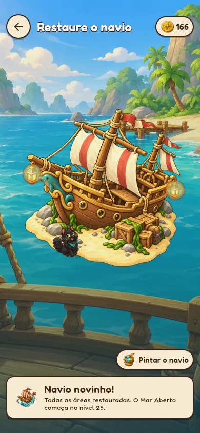 O navio restaurado na ilha, visto do convés.